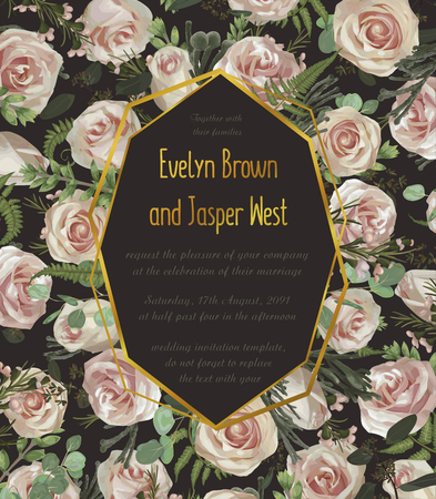 Design watercolor vector geometric golden frame on a dark brown background with flowers, leaves of forest fern, boxwood, eucalyptus branches, brunia and pink rose. Can be used for wedding invitations, postcards, postersのイラスト素材