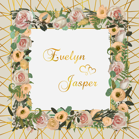 Decorative golden rectangular frame and background with pink rose flowers, eustoma cream, brunia, green fern, eucalyptus, branches buxus. For wedding invitations, vignettes, postcards, posters, docuのイラスト素材