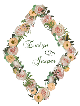 Decorative golden rhombus frame and background with pink rose flowers, eustoma cream, brunia, green fern, eucalyptus, branches buxus. For wedding invitations, vignettes, postcards, posters, docuのイラスト素材