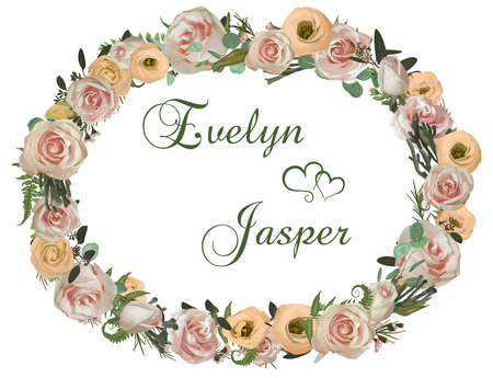 "Decorative golden oval frame and background with pink rose flowers, eustoma cream, brunia, green fern, eucalyptus, branches buxus. For wedding invitations, vignettes, postcards, posters, docu
"のイラスト素材
