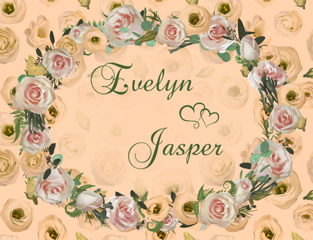 "Decorative golden oval frame and background with pink rose flowers, eustoma cream, brunia, green fern, eucalyptus, branches buxus. For wedding invitations, vignettes, postcards, posters, docu
"のイラスト素材