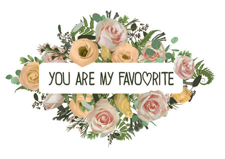 Invitation card vector floral with pink rose flowers, eustoma cream, brunia, green fern, eucalyptus, branches, rose, buxus.design frame.Wedding seasonal flower card.Floral square, rectangle composition.Isolated and editableのイラスト素材