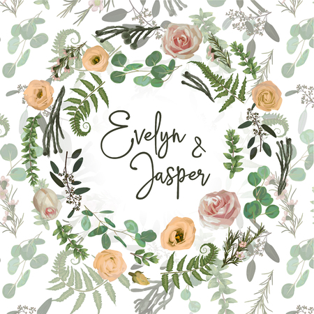 Greenery selection vector design round invitation frame. Flowers, eustoma cream, brunia, green fern, eucalyptus, branches. Watercolor save the date card. Summer rustic style. All elements are isolated and editableのイラスト素材