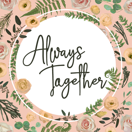Greenery selection vector design round invitation frame. Flowers, eustoma cream, brunia, green fern, rose, eucalyptus, branches. Watercolor save the date card. Summer rustic style. All elements are isolated and editableのイラスト素材