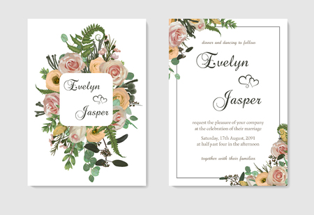 Stylish coral watercolor and flowers vector design cards. Flowers, rose, eustoma cream, brunia, green fern, eucalyptus, branches. Decorative vertical rectangle. Trendy 2019 color collection. Editable.のイラスト素材