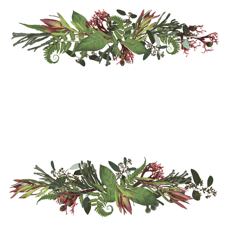 Set of arc, wreath. Greenery and leaves, branches, brunia, blooming eucalyptus, leucadendron, gaultheria, salal, jatropha.  Floral pastel style border.All elements are isolated and editableのイラスト素材