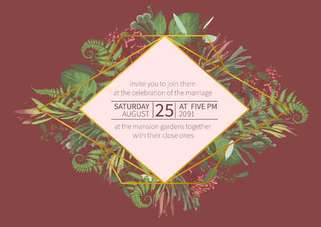 Plants, leaves, branches, brunia, blooming eucalyptus, leucadendron, gaultheria, salal, jatropha vector design gold frame.Wedding, flower card.Geometric horizontal composition.Editableのイラスト素材