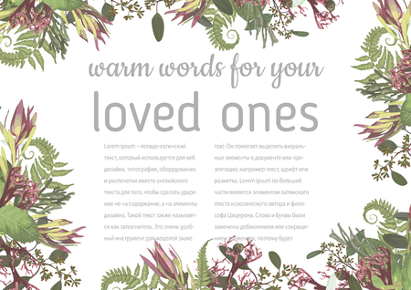 Wedding, watercolor seasonal flower card.Plants, leaves, branches, brunia, blooming eucalyptus, leucadendron, gaultheria, salal, jatropha vector design frame.Floral horizontal composition.Isolated and editableのイラスト素材