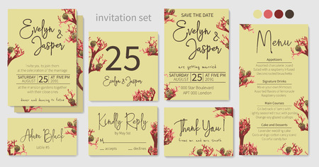 Set of vector wedding invitation, greeting card, save date. Frame of jatropha set, greenery, natural leaves and red branches, designer art tropical elements. Watercolor, rustic style, banners, certificatesのイラスト素材
