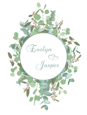 Vector wedding invitation flyer. Vertical square gold frame with set branches and leaves eucalyptus gunnii, silver dollar, leucoxylon greenery. Ð¡ard design, editable and isolatedのイラスト素材