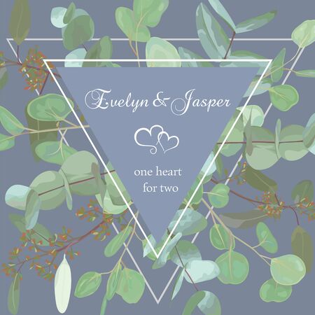Greeting festive flyer, holiday card, vector. Elegant floral, greenery, collection design. Bouquet of eucalyptus hybridus Baby Blue spiral, populus, robusta. Wedding invitation on triangle backgroundのイラスト素材