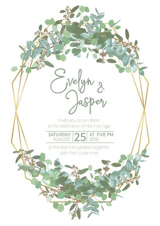 Greeting festive flyer, holiday card, vector. Elegant floral, greenery, gold collection. Bouquet of eucalyptus spiral, populus, robusta. Background grid with gold lines. Vertical rectangleのイラスト素材