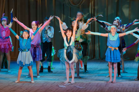 DNIPROPETROVSK, UKRAINE - MARCH 10, 2016: Unidentified children, ages 4-13 years old, perform Once in the cityÃ¢ï¿½Â¦ at the State Palace of children and youth.のeditorial素材