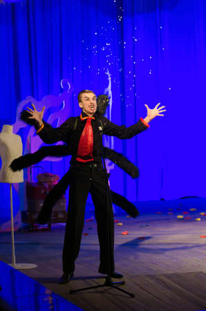 DNIPROPETROVSK, UKRAINE - DECEMBER 19: Members of the Dnipropetrovsk State Russian Drama Theatre perform PUSS IN BOOTS on December 19, 2014 in Dnipropetrovsk, Ukraineのeditorial素材