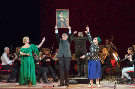 DNIPRO, UKRAINE - OCTOBER 11, 2016: Comic Opera Theatre director perfomed by members of the...