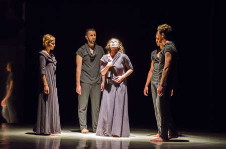 DNIPRO, UKRAINE - JUNE 6, 2017: Choreographic performance Mirror perform  by members of the Motion Mode Dance Theatre at the State Theater of Drama and Comedy.のeditorial素材