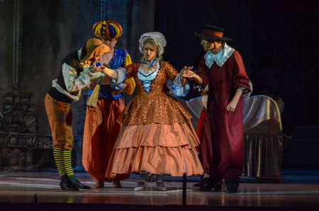 DNIPRO, UKRAINE - MAY 27, 2017: Classical opera The Barber of  Seville performed by members of the Dnipro Opera and Ballet Theatre.のeditorial素材