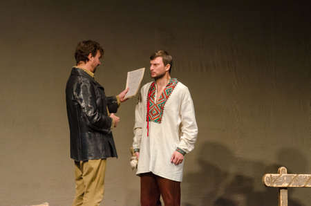 DNIPRO, UKRAINE - OCTOBER 4, 2017: Dramatic performances Sweet Darusia performed by members of the Ivano-Frankivsk Academic Regional Music and Drama Theater named after Ivan Franko.のeditorial素材