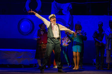 DNIPRO, UKRAINE - NOVEMBER 4, 2017: Members of the Dnipro State Drama and Comedy Theatre performe comedy One day of Ivan Milliardovich.のeditorial素材