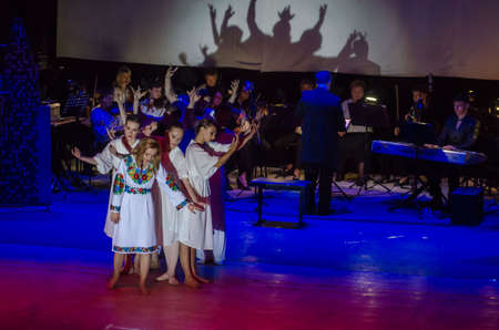 DNIPRO, UKRAINE - OCTOBER 20, 2018: The musical Kvitka performed by members of the Art project Kvitka Tsisik  at the Philharmonic..のeditorial素材