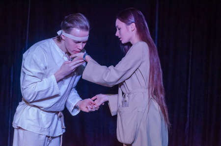 DNIPRO, UKRAINE - DECEMBER 2, 2018: Performance in the genre of post-apocalypse Prometheus perfomed by members of the Youth Theater Mirror.のeditorial素材