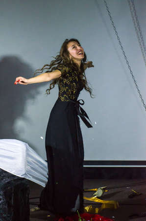 DNIPRO, UKRAINE - MARCH 31, 2019: Elena Lomonosov  perfomes Tales of Decadence at the Youth Theater Mirror.のeditorial素材