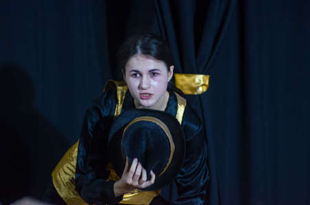 DNIPRO, UKRAINE - MARCH 31, 2019: Anna Vorobyov  perfomes Tales of Decadence at the Youth Theater Mirror.のeditorial素材