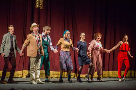 DNIPRO, UKRAINE â APRIL 18, 2019: Comedy Noises Off  by Michael Frayn performed by members of the Dnipro State Drama and Comedy Theatre.のeditorial素材