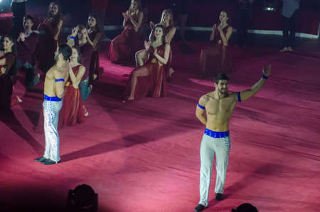 DNIPRO, UKRAINE - DECEMBER 14, 2018: Power acrobats Bilaky Brothers perform at the Circus.のeditorial素材