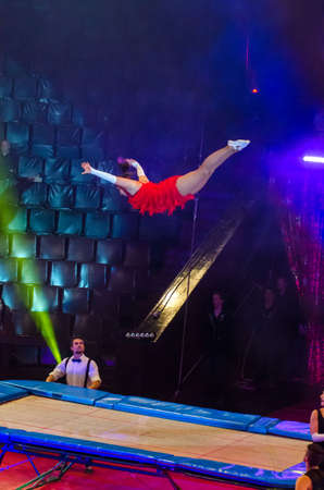 DNIPRO, UKRAINE - DECEMBER 14, 2018: Trampolines acrobats by Level Up studio perform at the Circus.のeditorial素材
