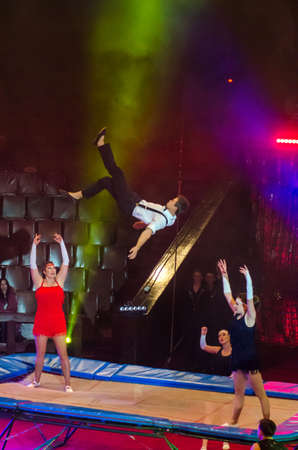 DNIPRO, UKRAINE - DECEMBER 14, 2018: Trampolines acrobats by Level Up studio perform at the Circus.のeditorial素材