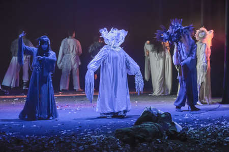 DNIPRO, UKRAINE - OCTOBER  24, 2019: Forest song performed by members of the State Drama and Comedy Theatre.のeditorial素材