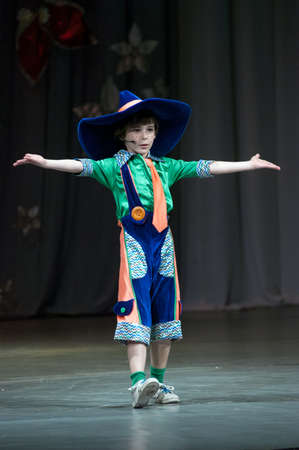 DNEPROPETROVSK, UKRAINE - JUNE 4: Kirill Solovyev, age 7 years old, performs musical spectacle "Neznaika" on June 4, 2011 in Dnepropetrovsk, Ukraineのeditorial素材