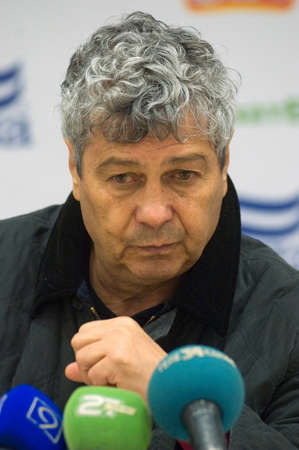 DNEPROPETROVSK, UKRAINE - NOVEMBER 30:  Head Coach of Shakhtar Donetsk football club Mircea Lucescu gives an interview after Ukraine Championship match against Dnepr on November 30, 2010 in Dnepropetrovsk, Ukraine.のeditorial素材
