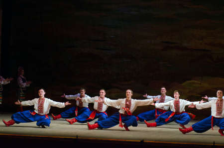 DNIPROPETROVSK, UKRAINE - NOVEMBER 21: Members of the Folklore Ensemble SLAVUTYCH perform UKRAINE at State Opera and Ballet Theatre on November 21, 2014 in Dnipropetrovsk, Ukraineのeditorial素材
