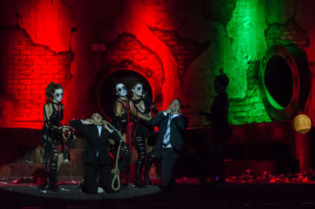 DNIPRO, UKRAINE - AUGUST 5, 2020: Fantastic and absurd story STRIP-TEASE based on the play by Slavomir Mrozhek performed by members of the Dnipro State Drama and Comedy Theater.のeditorial素材