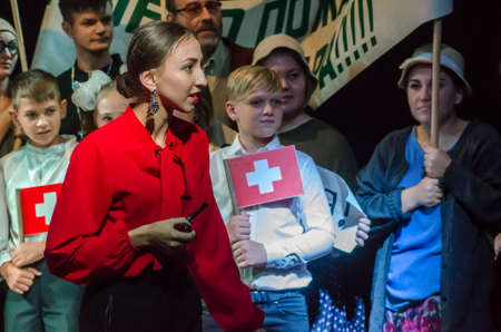 DNIPRO, UKRAINE - SEPTEMBER 6, 2020: Lady visit by Friedrich DÃ¼rrenmatt perfomed by members of the Youth Theater Mirror.のeditorial素材