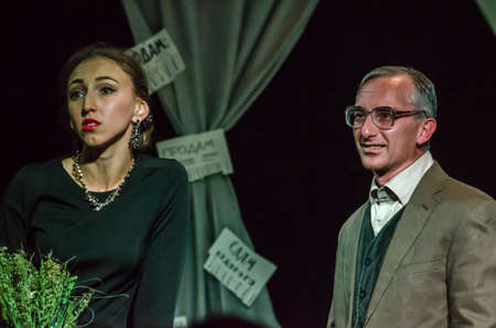 DNIPRO, UKRAINE - SEPTEMBER 6, 2020: Lady visit by Friedrich DÃ¼rrenmatt perfomed by members of the Youth Theater Mirror.のeditorial素材