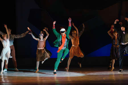 DNIPROPETROVSK, UKRAINE - OCTOBER 10: Members of the Dnepropetrovsk State Opera and Ballet Theater perform FOXTROT 12 CHAIRS on October 10, 2014 in Dnepropetrovsk, Ukraine.のeditorial素材