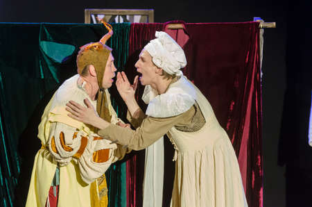 DNIPRO, UKRAINE - NOVEMBER 25, 2020: Medieval French farces performed by members of the Dnipro State...