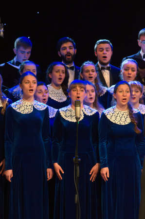 DNIPROPETROVSK, UKRAINE - MAY 6: Members of the Conservatory Choir perform at the Philharmonic on May 6, 2015 in Dnipropetrovsk, Ukraineのeditorial素材