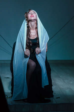 DNIPRO, UKRAINE - NOYEMBER 29, 2020: Elena Lomonosova perfomes Tales of the Decade at the Youth Theater Mirror.のeditorial素材