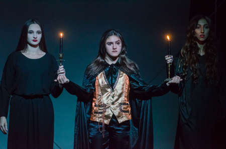 DNIPRO, UKRAINE - NOYEMBER 29, 2020: Polina Bulgarina (L), Diana Stytsenko (C), Elena Lomonosova (R) perfom Tales of the Decade at the Youth Theater Mirror.のeditorial素材