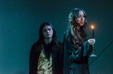 DNIPRO, UKRAINE - NOYEMBER 29, 2020: Elena Lomonosova (R) and Diana Stytsenko (L) perfom Tales of the Decade at the Youth Theater Mirror.のeditorial素材