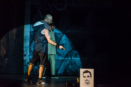 DNIPRO, UKRAINE - DECEMBER 4, 2020: Homeless blues performed by members of the Dnipro State Drama and Comedy Theater.のeditorial素材