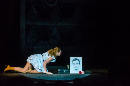 DNIPRO, UKRAINE - DECEMBER 4, 2020: Homeless blues performed by members of the Dnipro State Drama and Comedy Theater.のeditorial素材