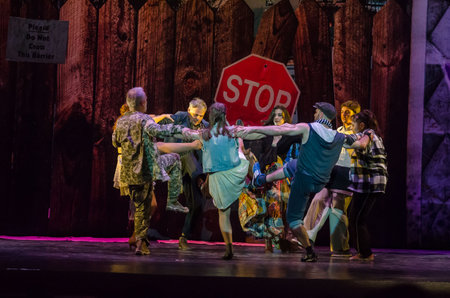 DNIPRO, UKRAINE - DECEMBER 4, 2020: Homeless blues performed by members of the Dnipro State Drama and Comedy Theater.のeditorial素材