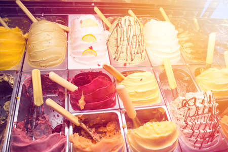 different types of delicious ice cream on the showcase