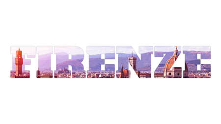 Word FIRENZE (Florence in Italian) made of photo of Florence city view, isolated on white backgroundの写真素材