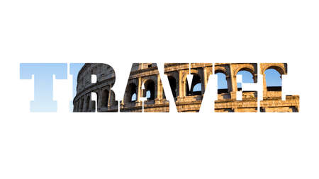 Word travel made of photo of coliseum, isolated on white backgroundの写真素材